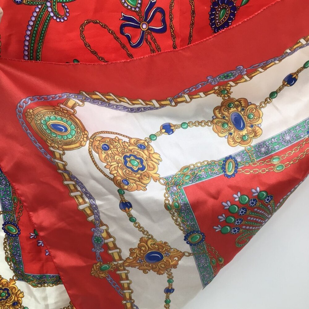 Women's Colorful Vintage Large Square Scarf Jewels Christmas Colors Retro 1980s - Picture 4 of 14